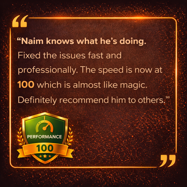 Client testimonial with glowing performance badge