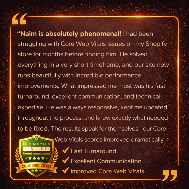 Glowing testimonial with Core Web Vitals badge